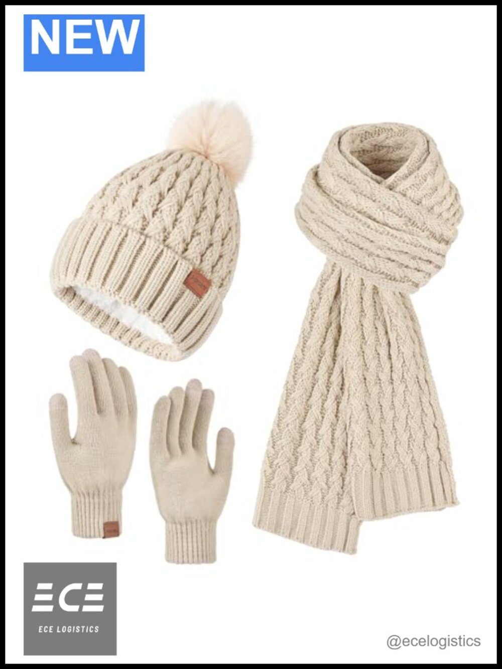 Womens 3-in-1 Winter Beanie Long Scarf Touchscreen Gloves Set Fleece Lined